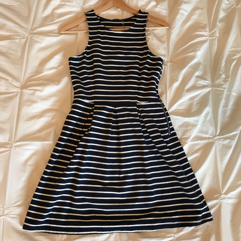 THML High Neck Striped Fit and Flare Dress